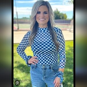 Sterling Kreek NWT Pep Rally Mesh Blue and White Checkered Long Sleeve Top Med